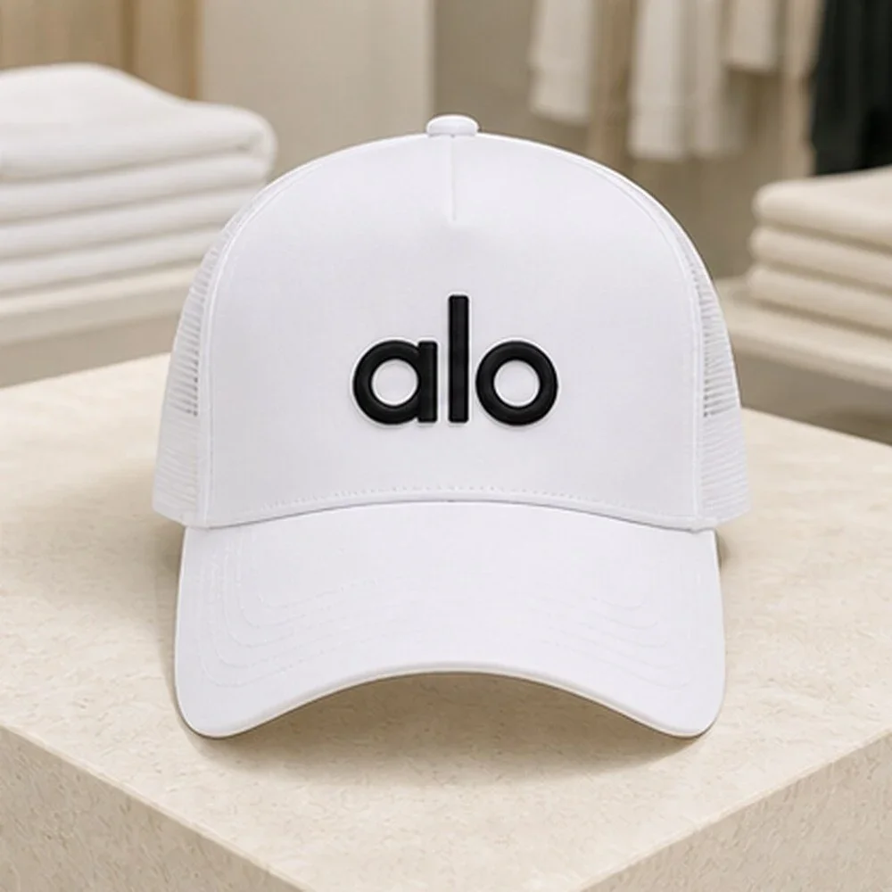 ALO Yoga White Black Resort Mesh Trucker Cap Hat Sporty